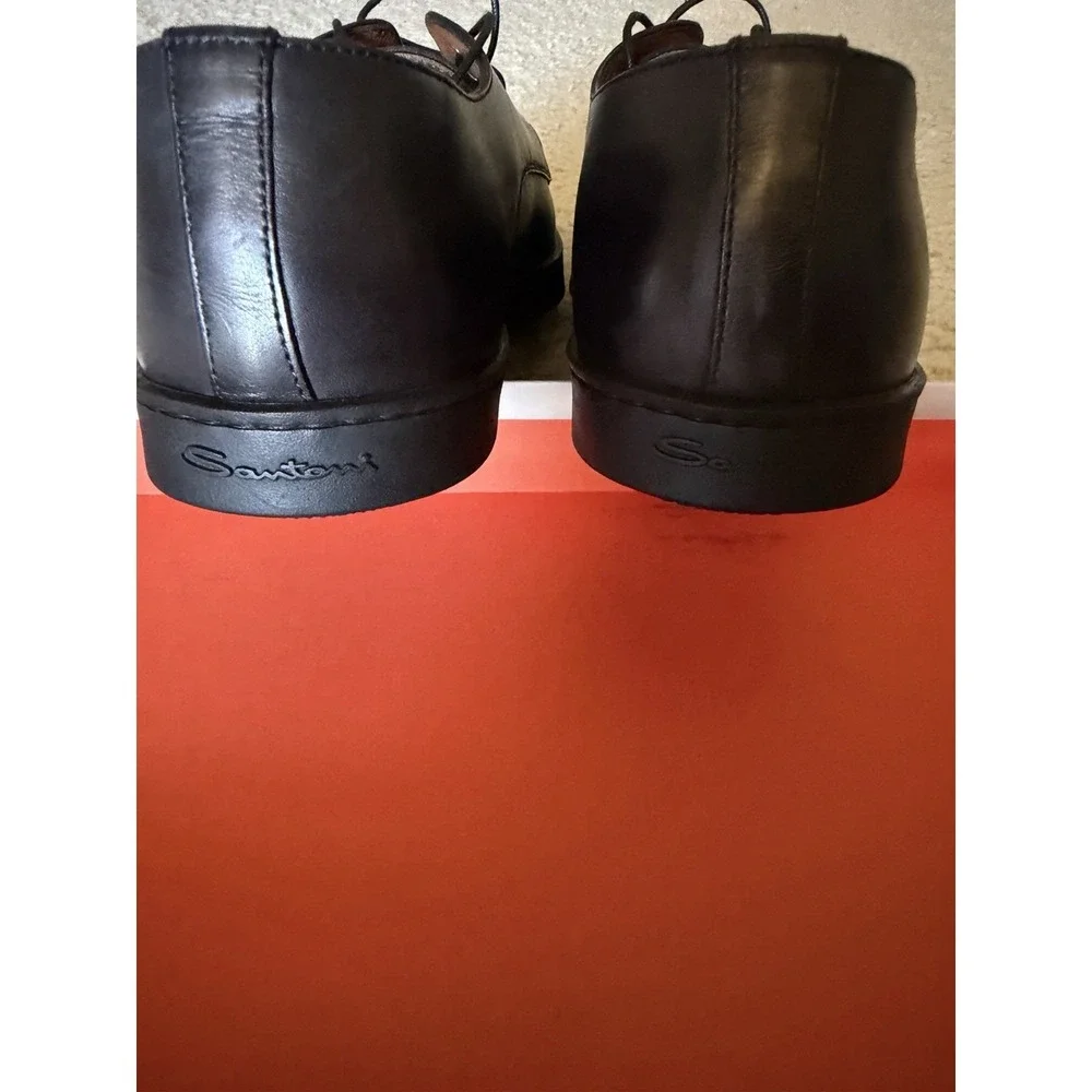 Santoni Black Leather Derby Lace Up Dress Shoes‎ Men's Size 7.5 Almond Toe